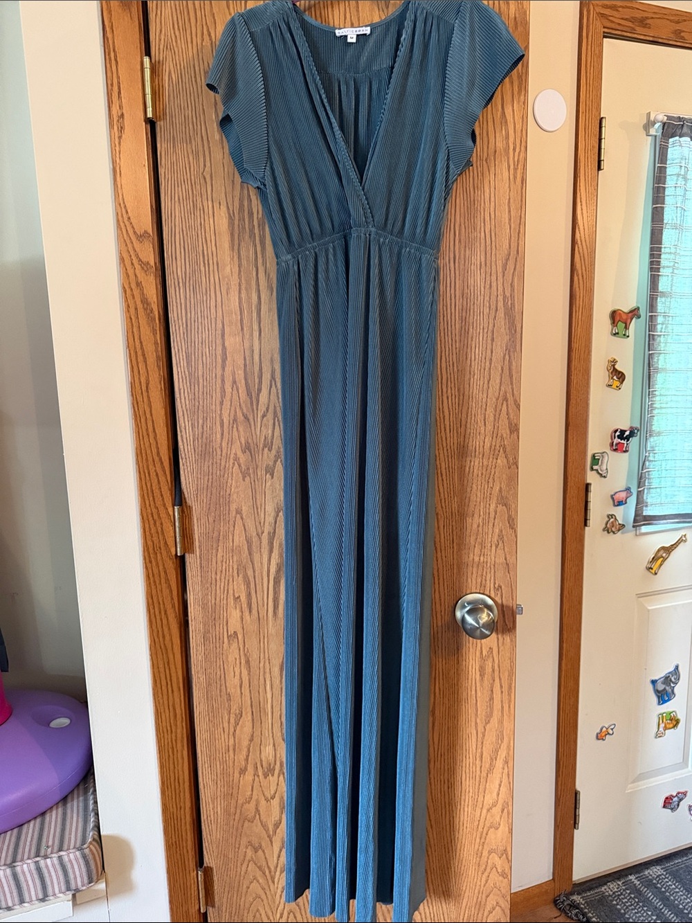 Pleated Teal Maxi Dress with Cap Sleeves